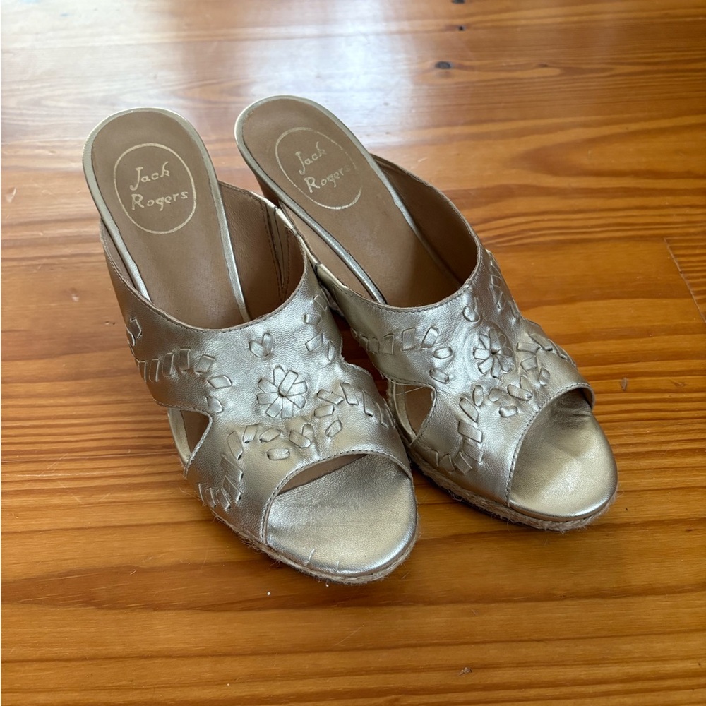 Jack Rogers Gold Slip-On Mules with Floral Embellishments